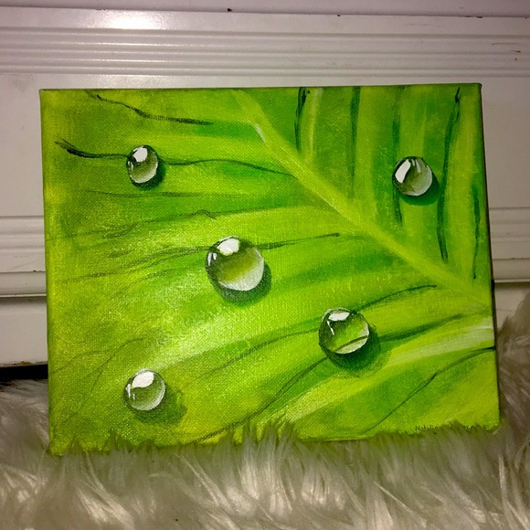 Other - Leaf with water droplets acrylic painting